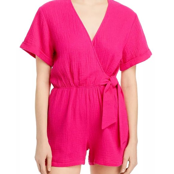 MONROW Gauze Wrap Romper In Raspberry - Picture 4 of 4